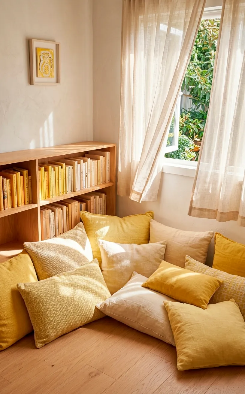 Lemon yellow and cream floor pillows arranged in a sunny reading corner on a wooden floor.