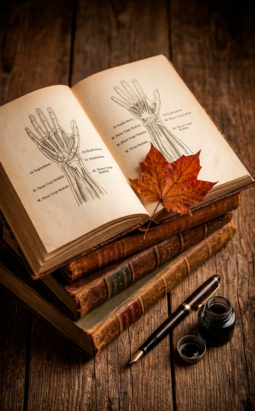 Open vintage book with anatomical drawing and fountain pen on a scholar's desk.
