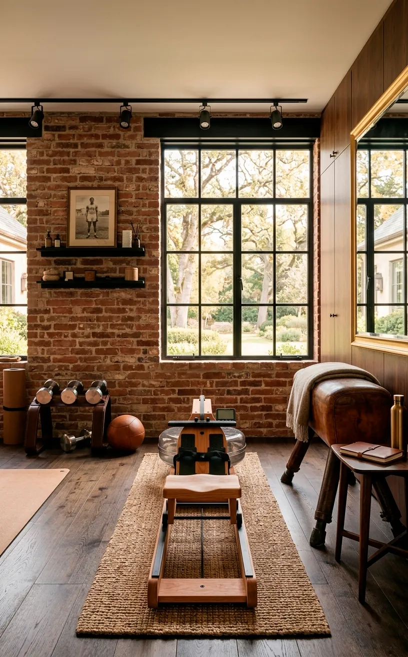 Solid wood water rower in a loft-style gym with vintage leather accents.