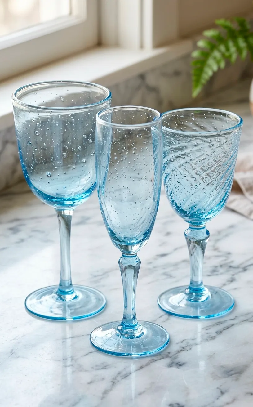 Collection of blue hand-blown glass goblets on a marble kitchen counter.
