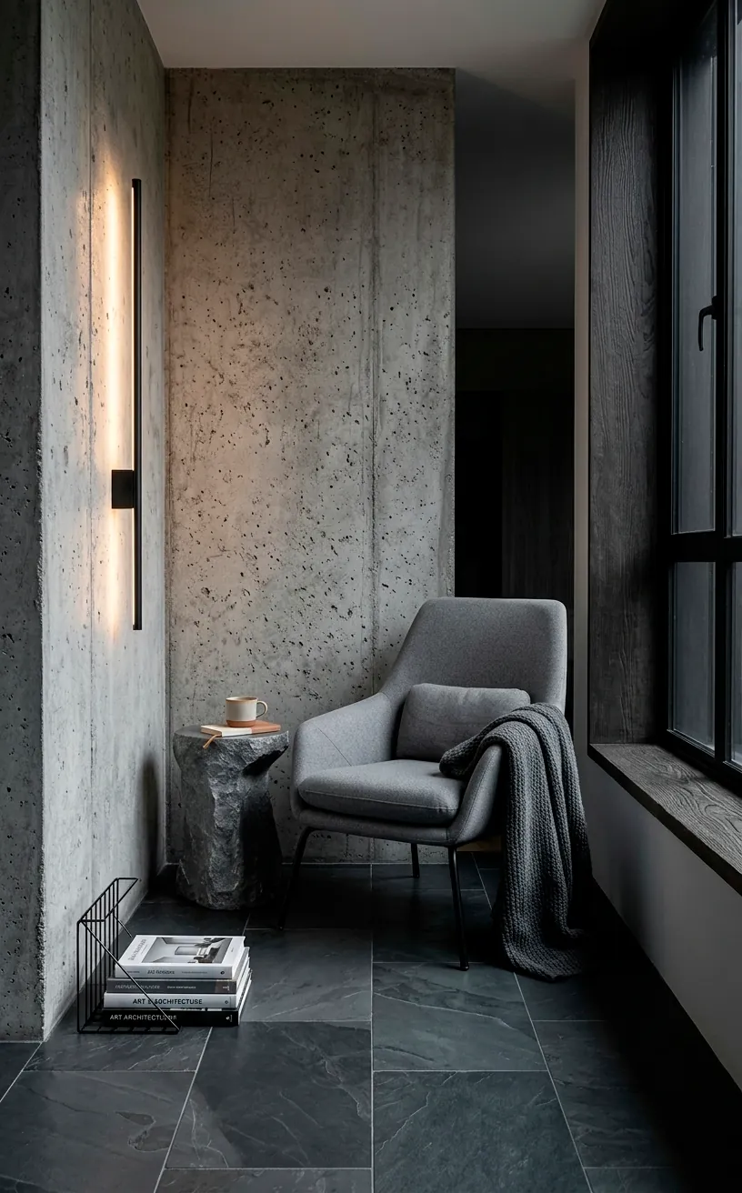 Industrial monochrome reading nook with concrete walls and stone side table.