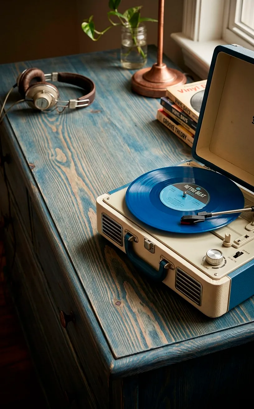 Close-up of wood grain on a blue MCM dresser with a vintage record player.