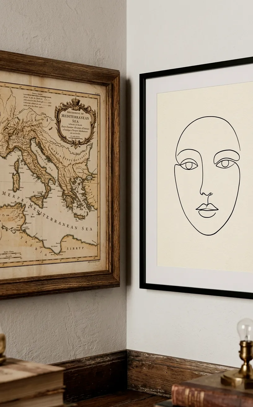 Close-up of frames meeting at a wall corner in an asymmetrical wrap layout.