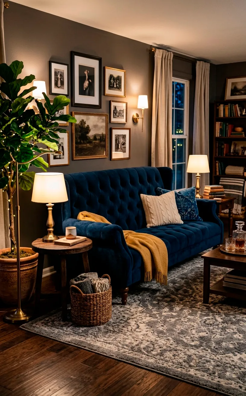 Navy velvet tufted sofa with walnut legs in a moody, dimly lit parlor room.