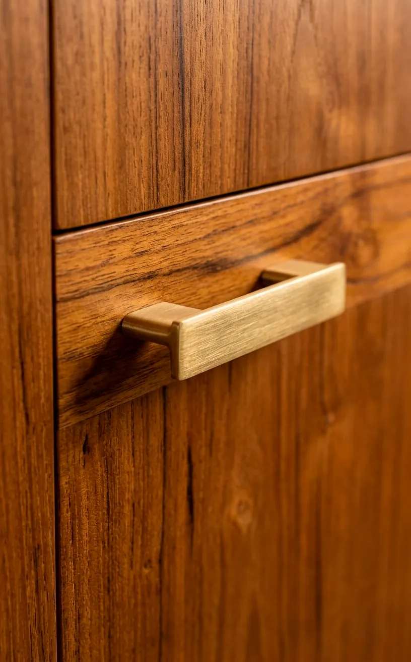 Brushed brass hardware on a vintage teak cabinet door.
