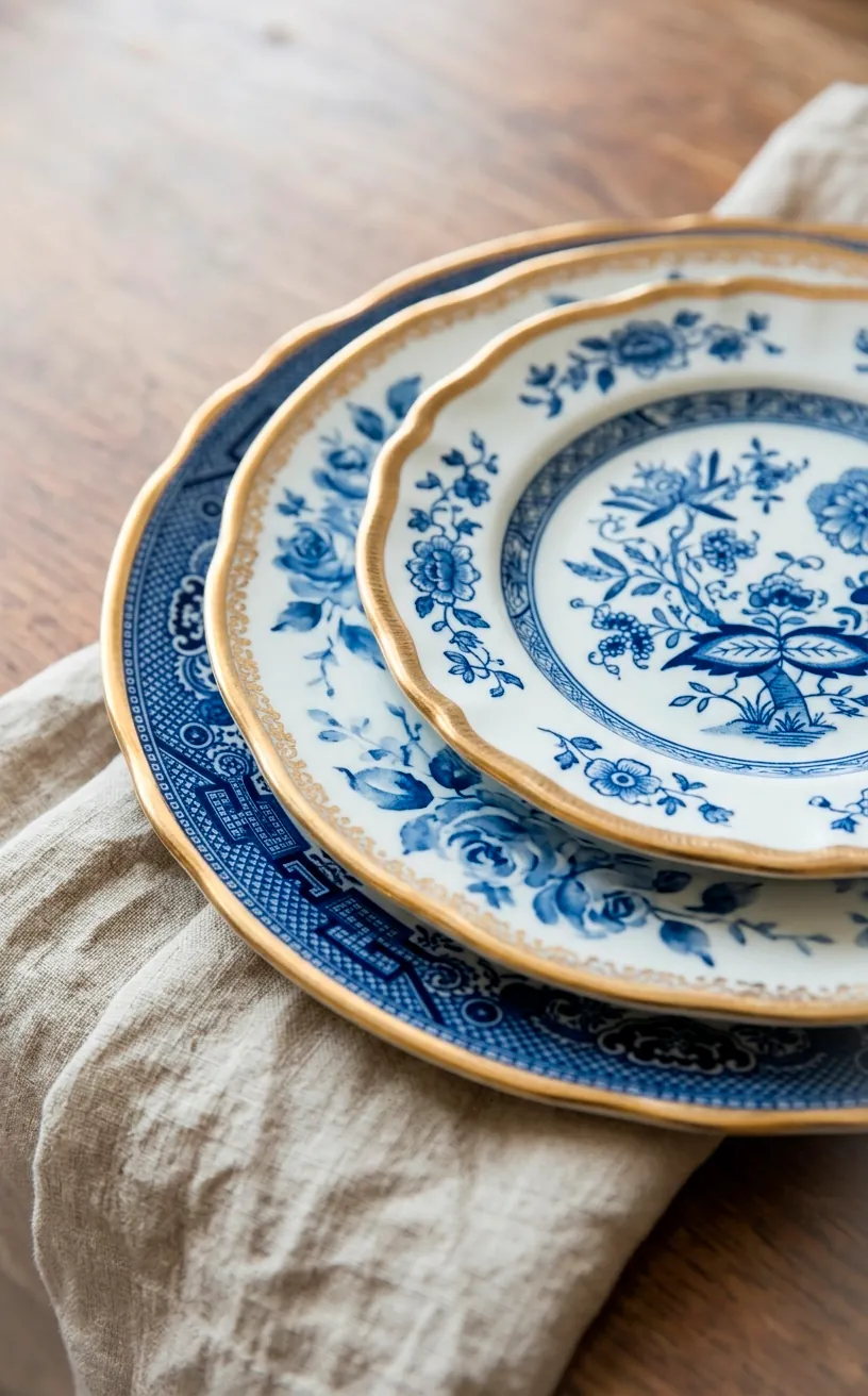 Detail of stacked vintage porcelain plates with floral patterns and scalloped edges.