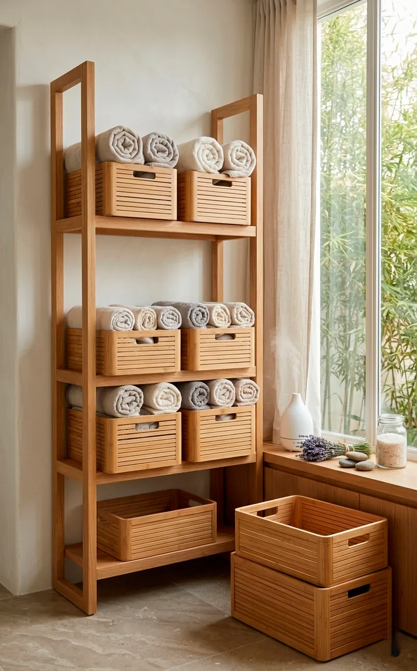 Stacked bamboo slat storage bins in a bright, tranquil laundry room setting.