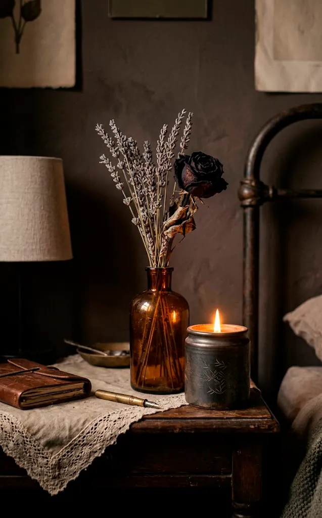 Dried lavender and black rose in an amber bottle on a bedside table.
