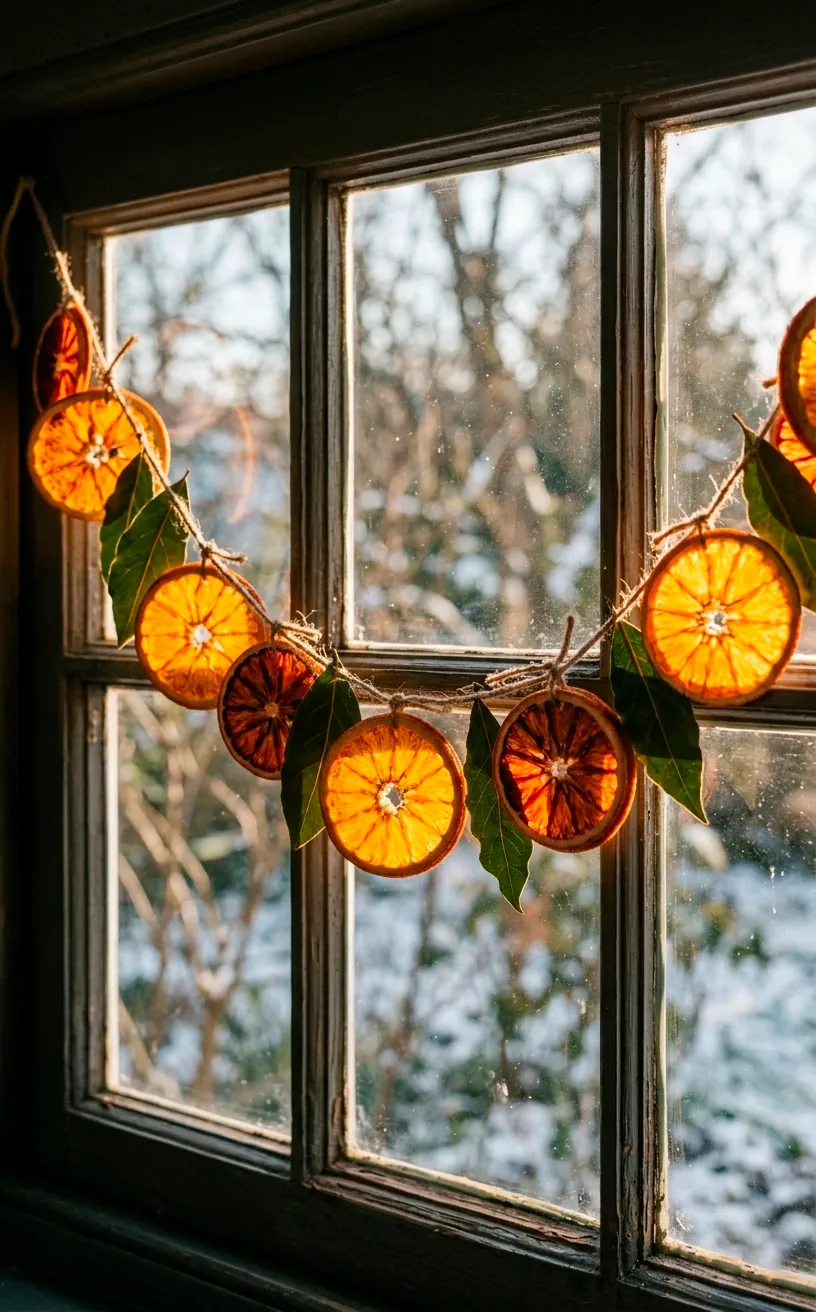 Handmade dried orange and bay leaf garland hanging in a window.