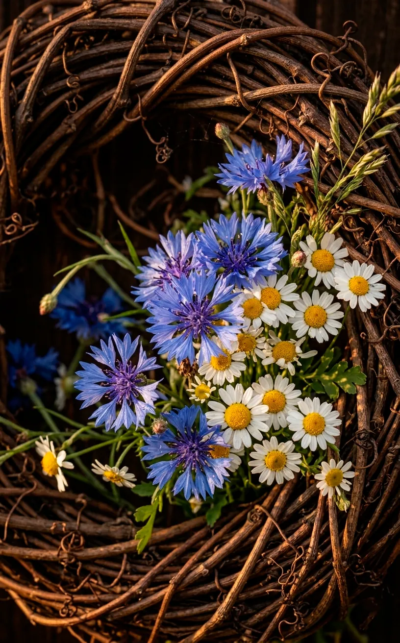 Close-up of blue cornflowers and white daisies in a grapevine wreath.