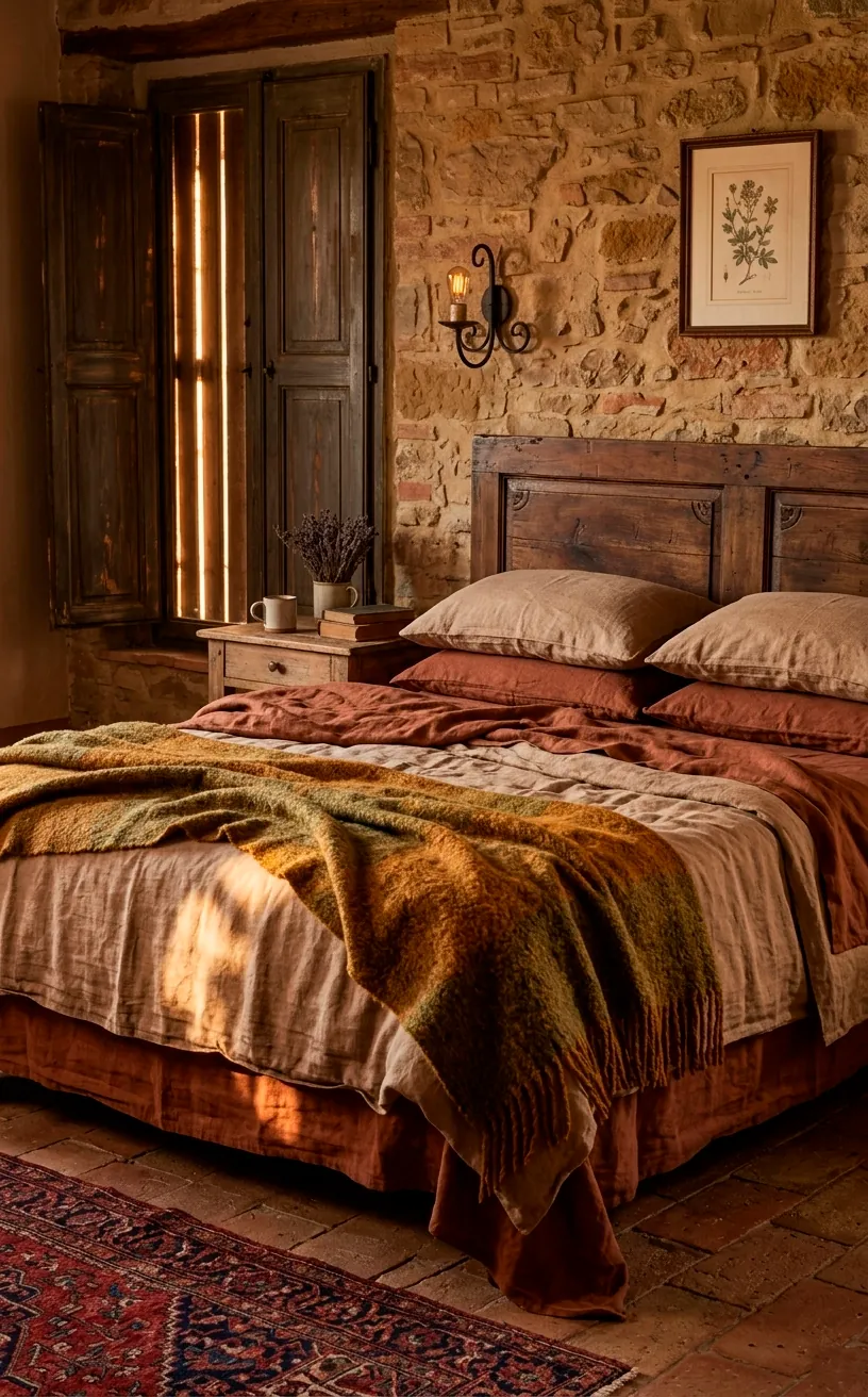 Cozy Mediterranean bedroom with layered linen bedding and warm autumn light.