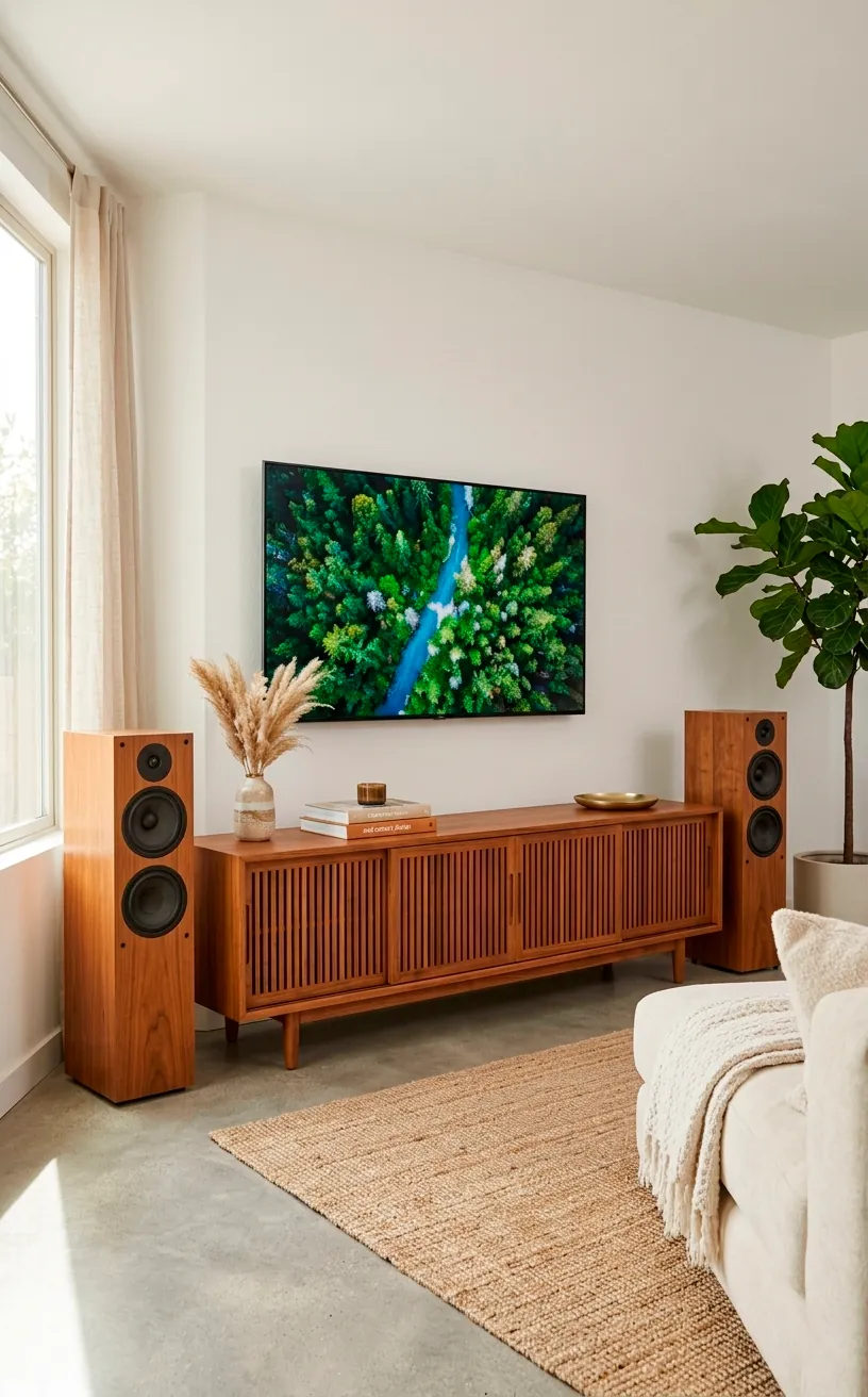 Low-profile teak media console with slatted doors in a modern living room setting.