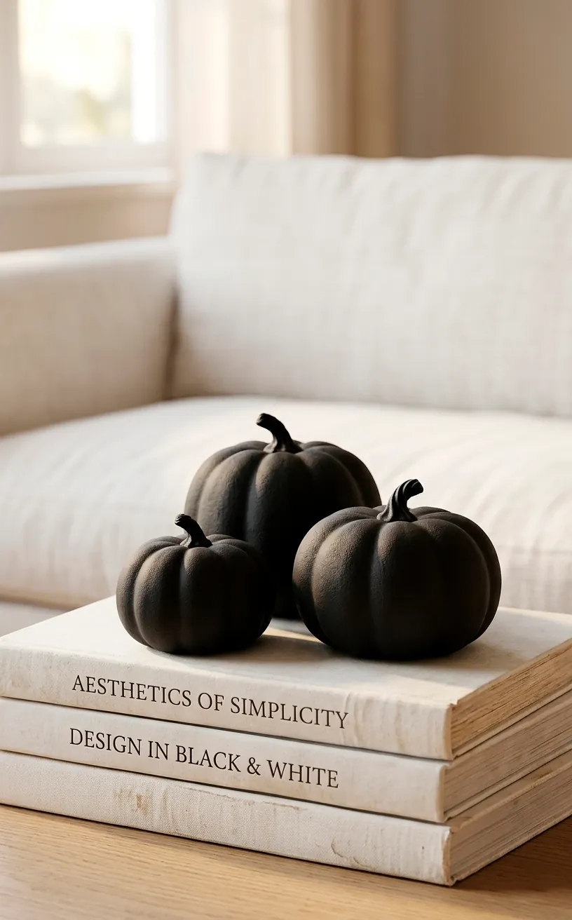 Close up of matte black ceramic pumpkins on white books with a minimalist living room background