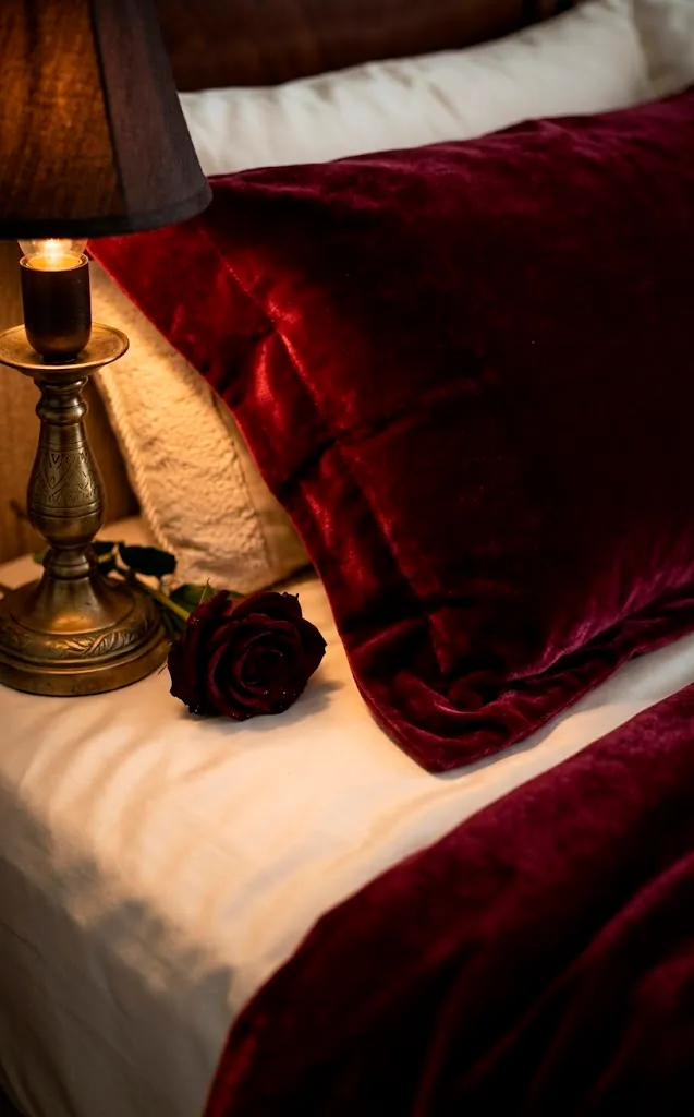 Close-up of burgundy velvet bedding and a dark rose under warm lamp light.