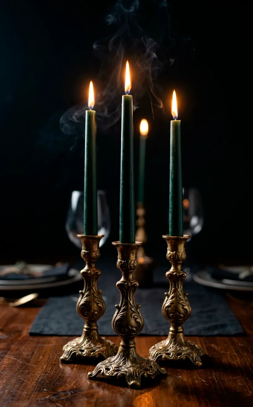 Tall green tapered candles in vintage brass holders on a dark table.