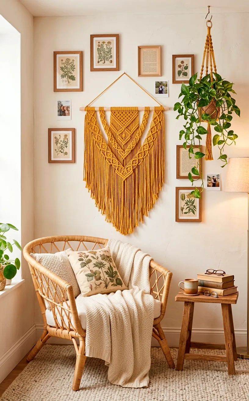 A cozy reading nook featuring a large mustard yellow macrame wall hanging on a white wall.