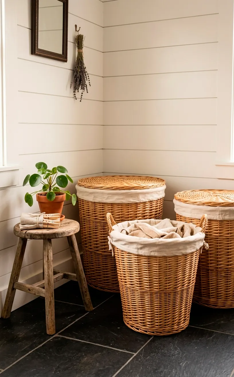 Three large wicker laundry baskets with linen liners on a dark slate floor.