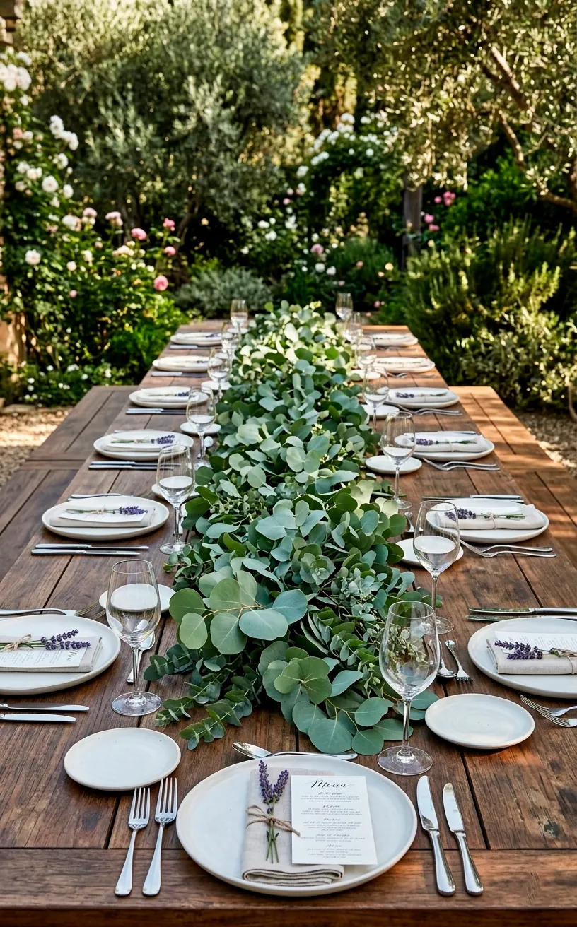 Eucalyptus branch table runner on a natural wood outdoor dining table.