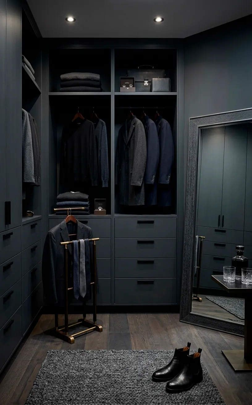 Moody dressing room with dark charcoal built-in wardrobes and minimalist aesthetic.