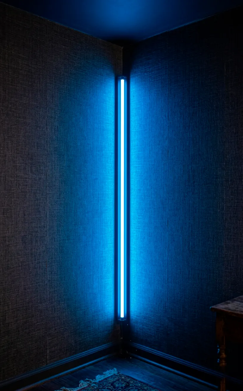 Electric blue neon strip lighting tucked into a bedroom corner for maximum glow.