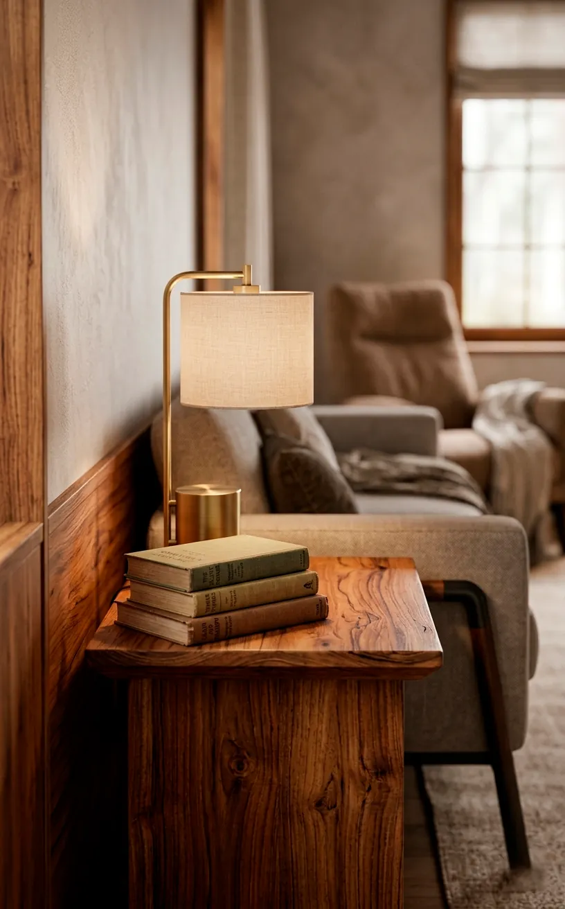 Close-up detail of a teak side table with a brass lamp and vintage books.