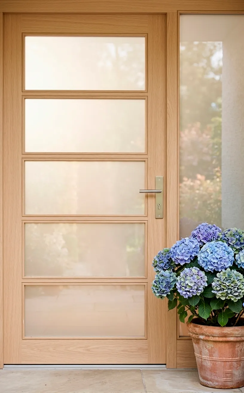 Modern wood door with horizontal frosted glass panels for privacy and natural light.