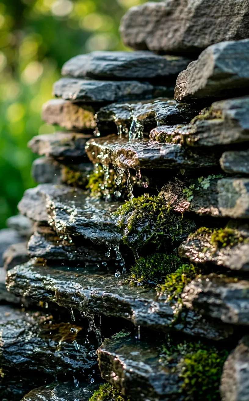 Close-up detail of water trickling over slate stones in a peaceful backyard garden.