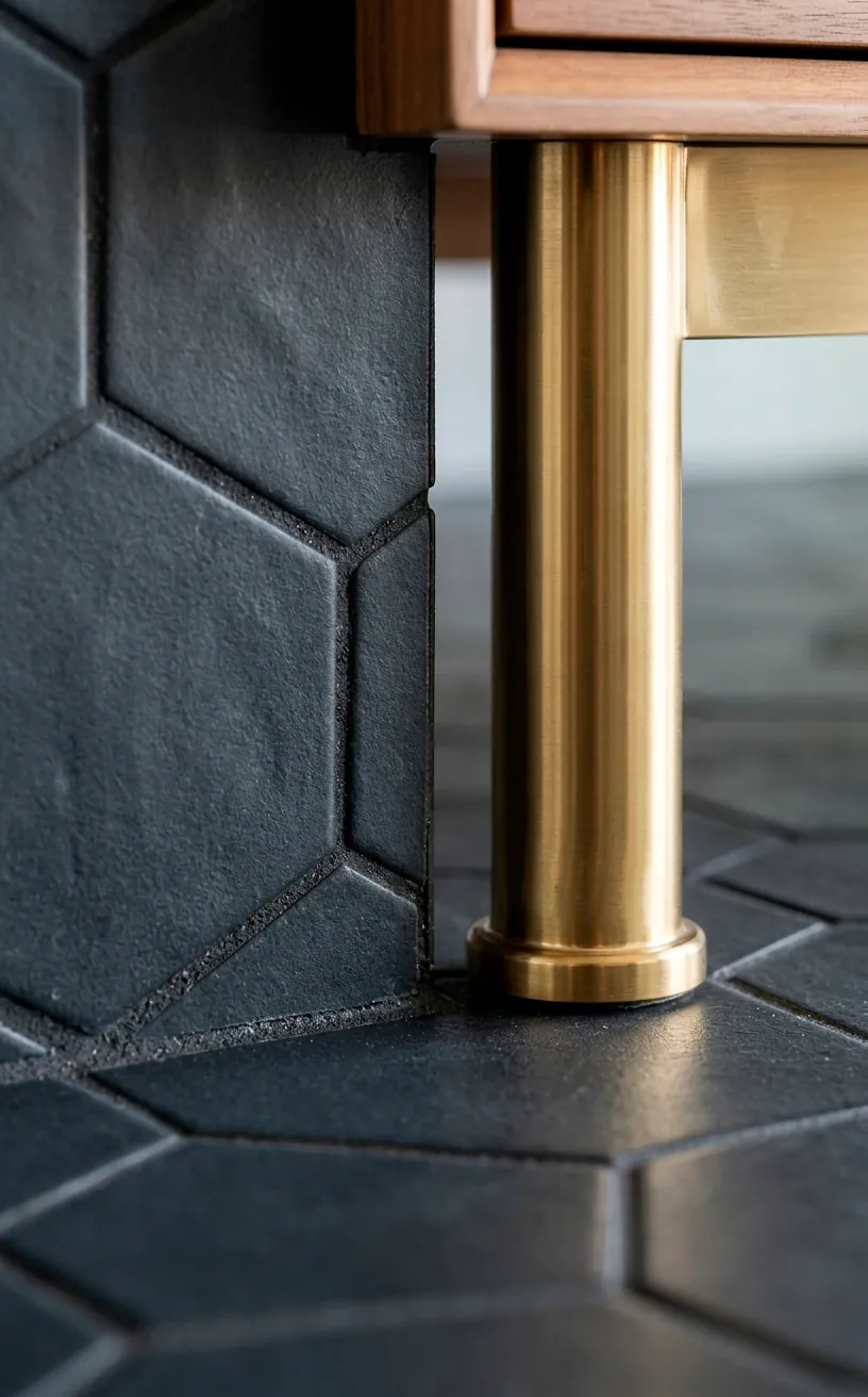 Detailed view of matte charcoal hexagon tiles meeting a gold cabinet leg in a bathroom.