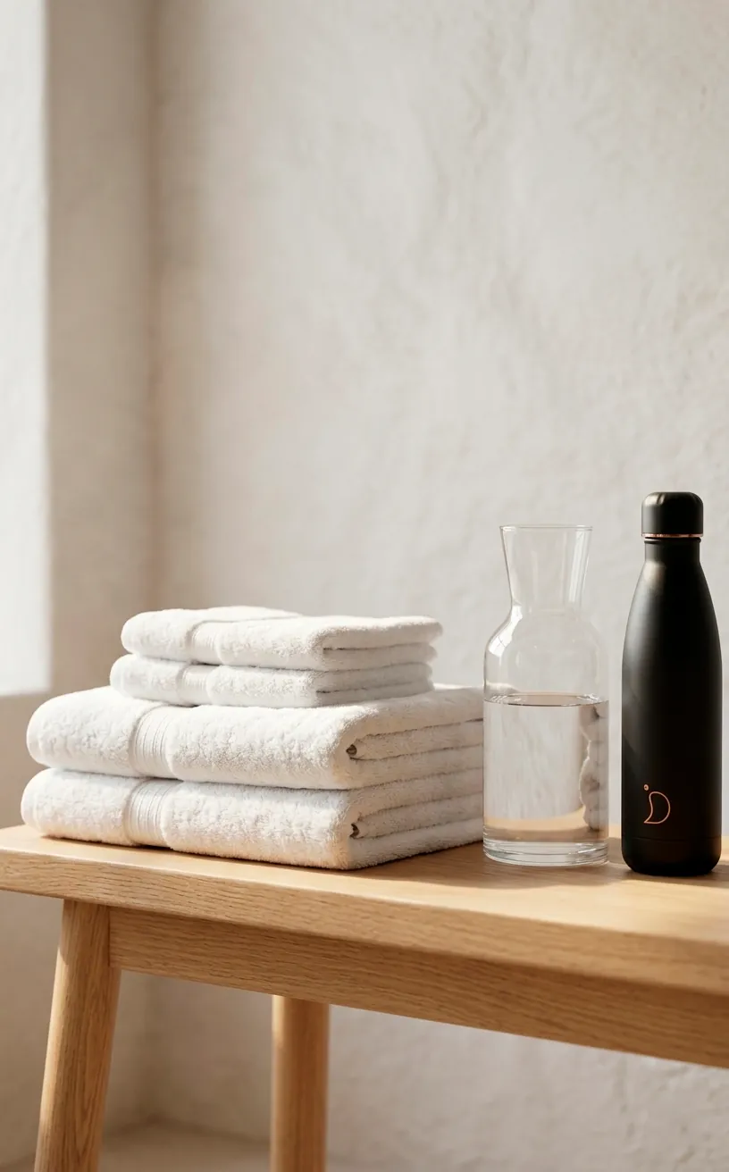 Close-up of white towels and a glass water carafe on a wooden bench in a bright fitness room.