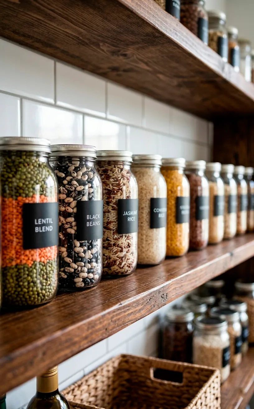 Close-up of uniform glass pantry jars with minimalist labels on a wooden shelf.