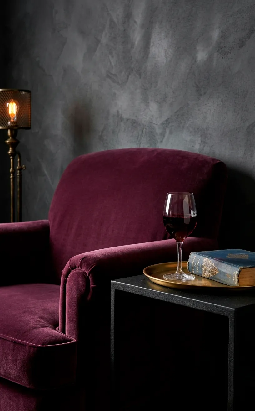Plum velvet chair against a dark charcoal wall in a cozy corner.