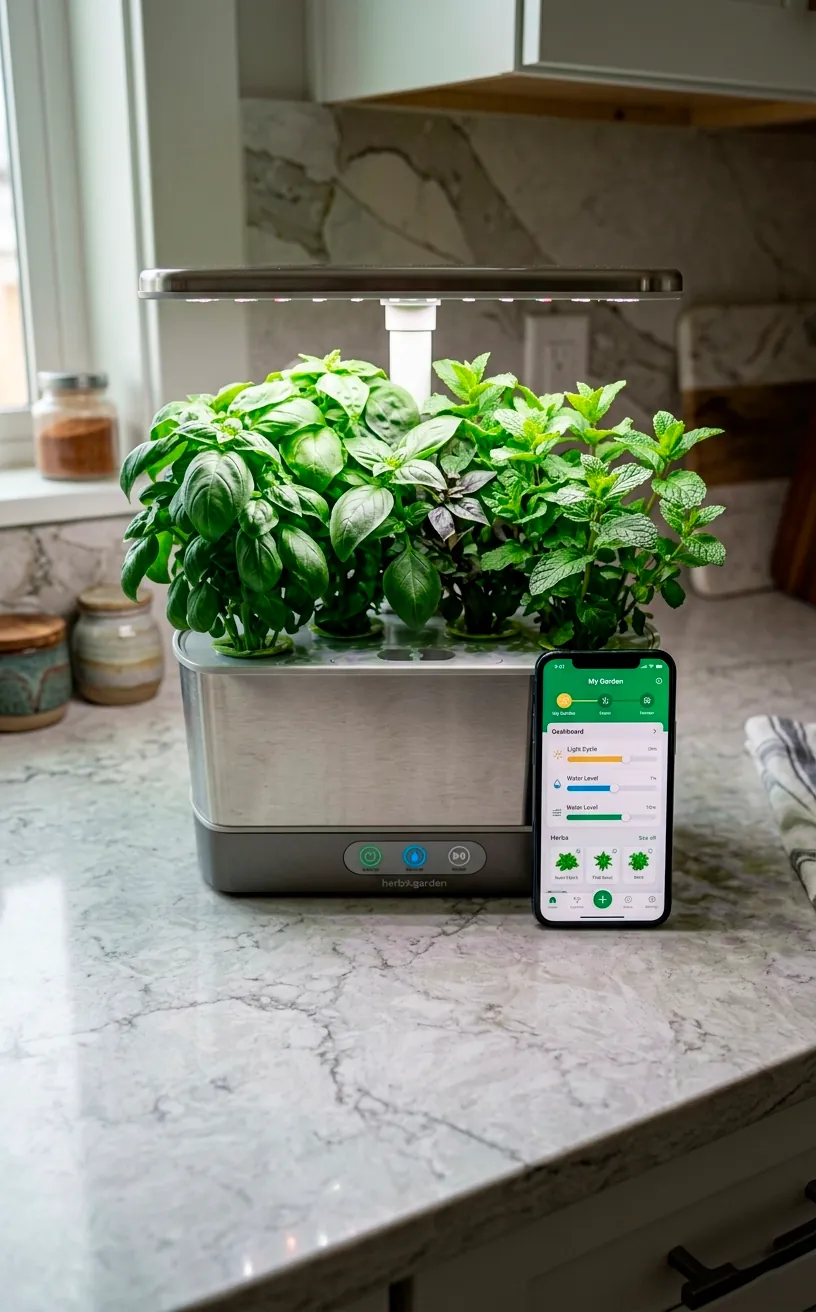 Smart indoor garden kit on a kitchen counter with a smartphone app controlling the LED lights.