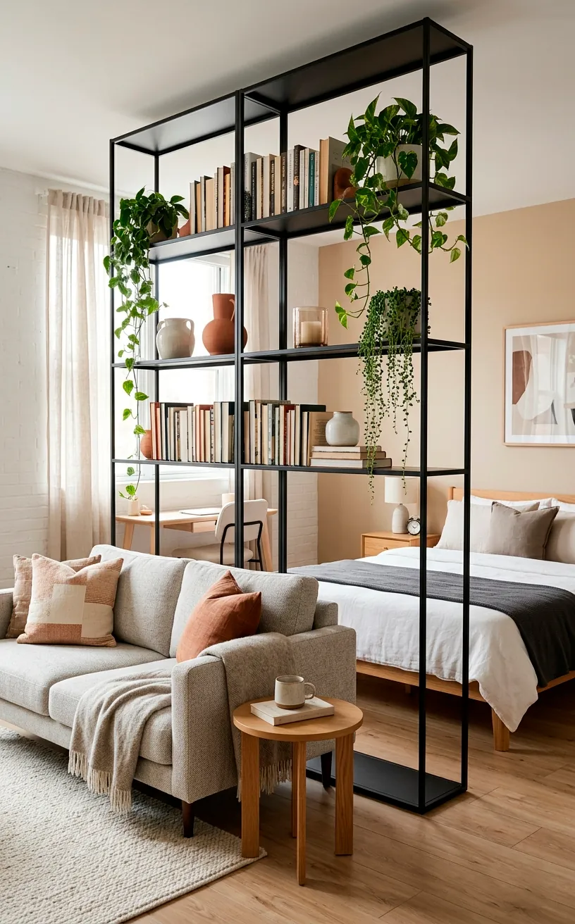 An open bookshelf room divider separating a living area from a sleeping nook.