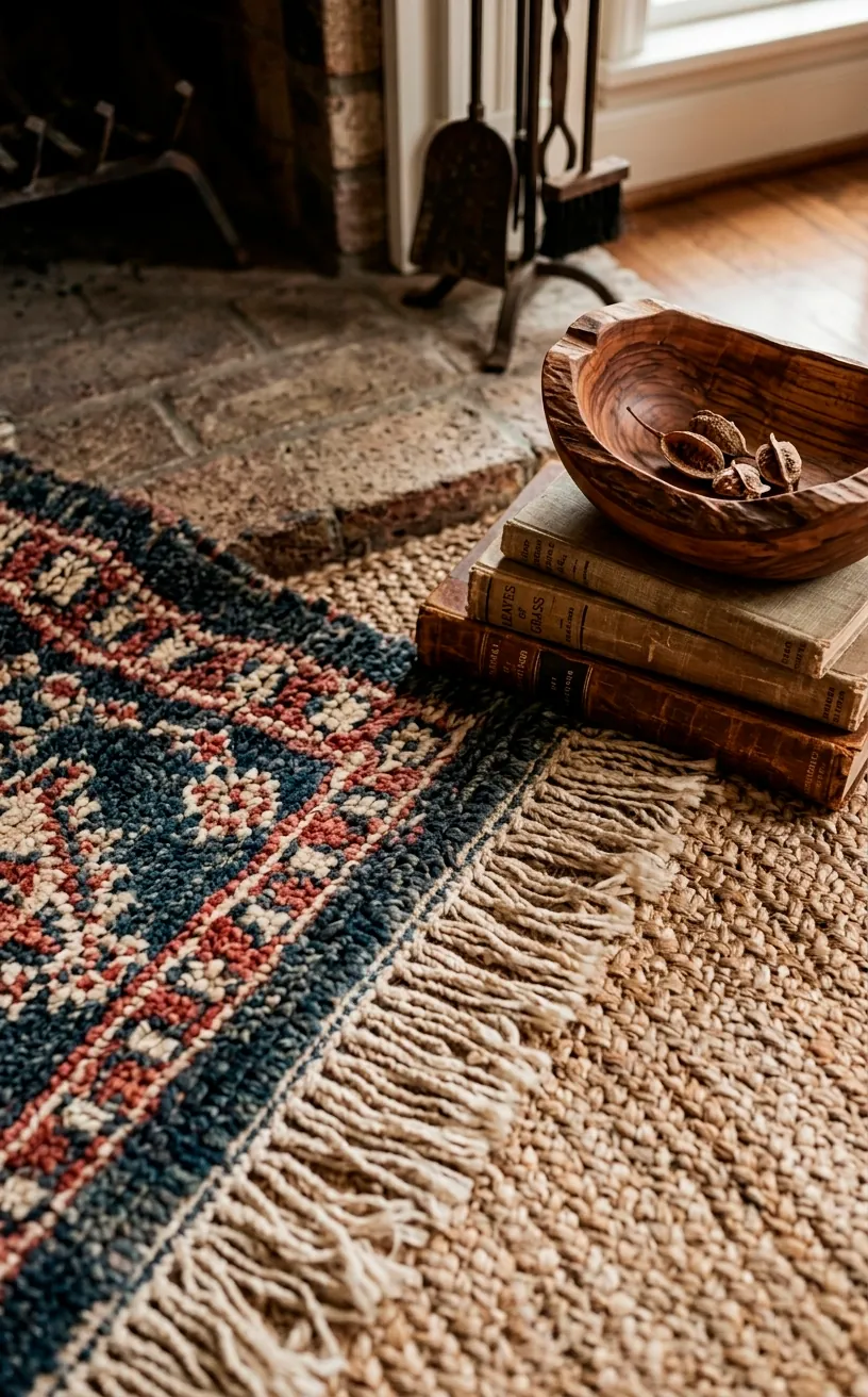 Close-up detail of layered textile textures and boho decor items by a fireplace.
