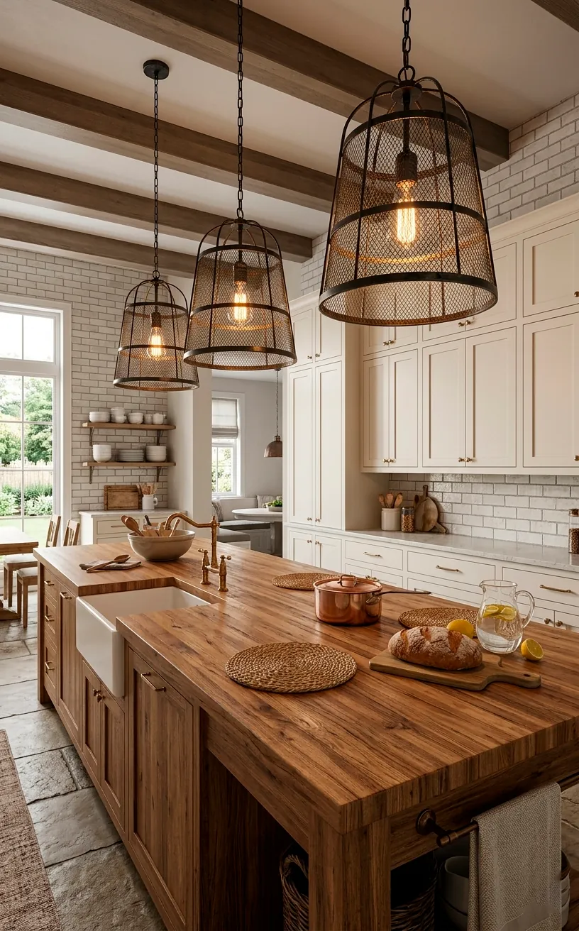 Three black steel cage pendant lights hanging over a farmhouse kitchen island.