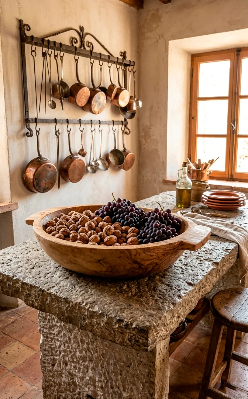 Rustic kitchen island with olive wood bowl and copper accents in a Mediterranean style.
