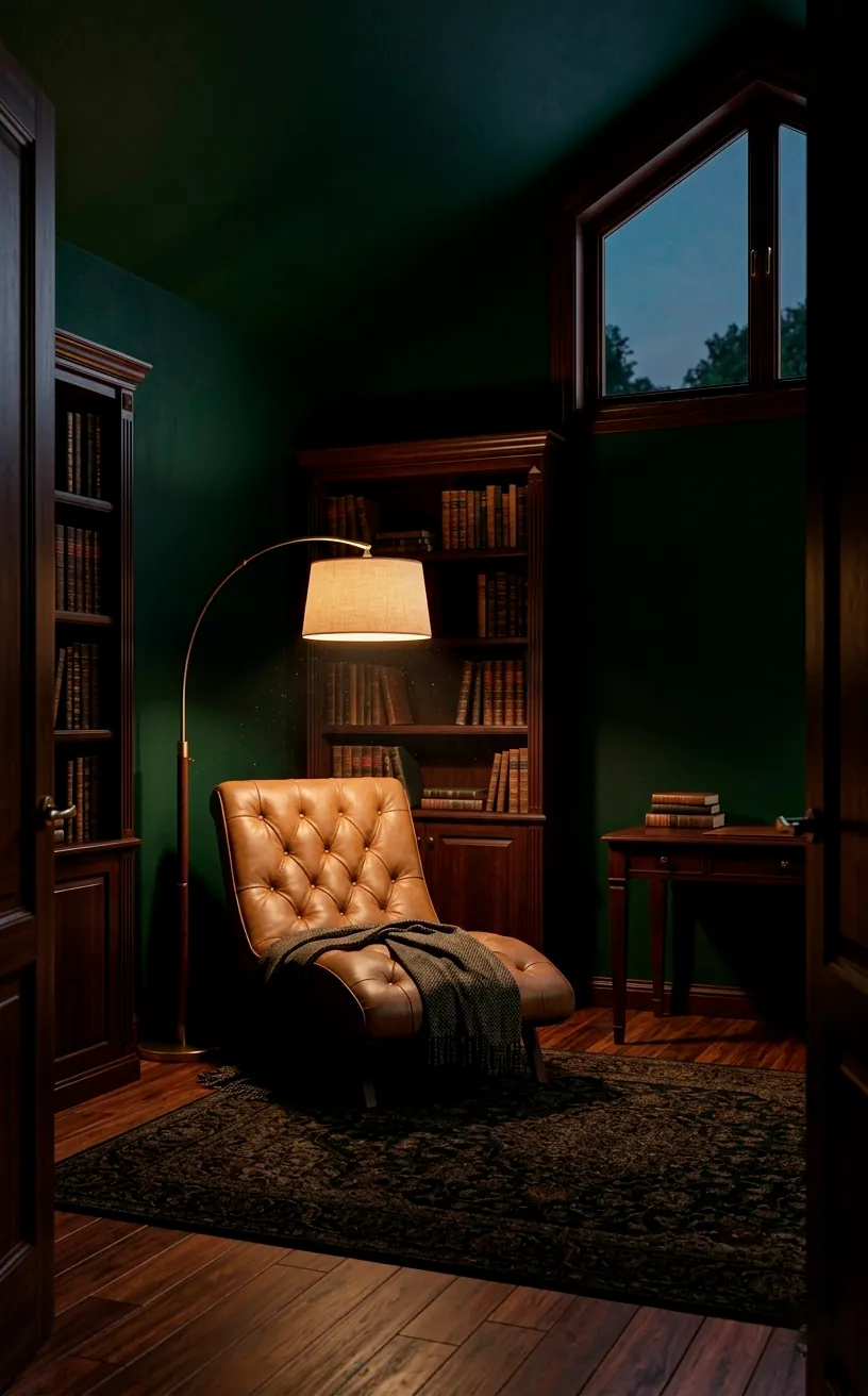 Dramatic study with deep hunter green walls and a tan leather mid-century lounge chair.