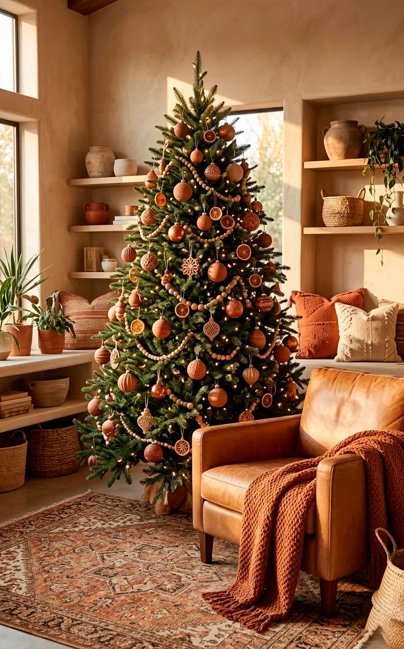 Earthy terracotta and copper themed Christmas tree in a warm, bohemian living room.