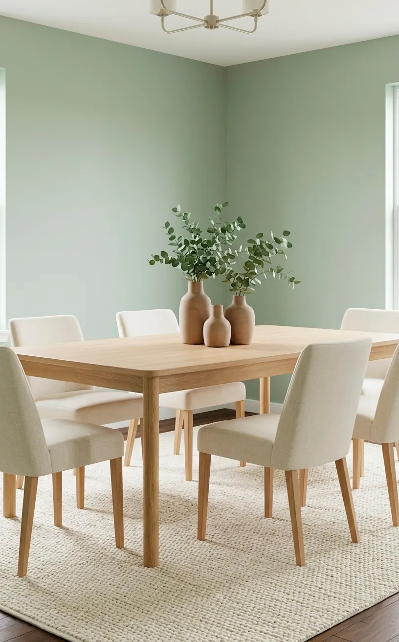 Peaceful sage green dining room with cream linen chairs and oak table.