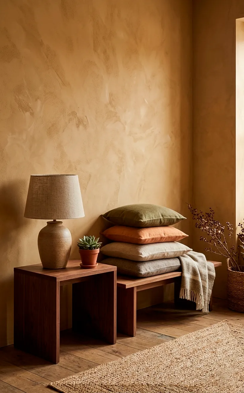 Close up of a terracotta textured wall next to a sage green velvet chair and clay pottery.
