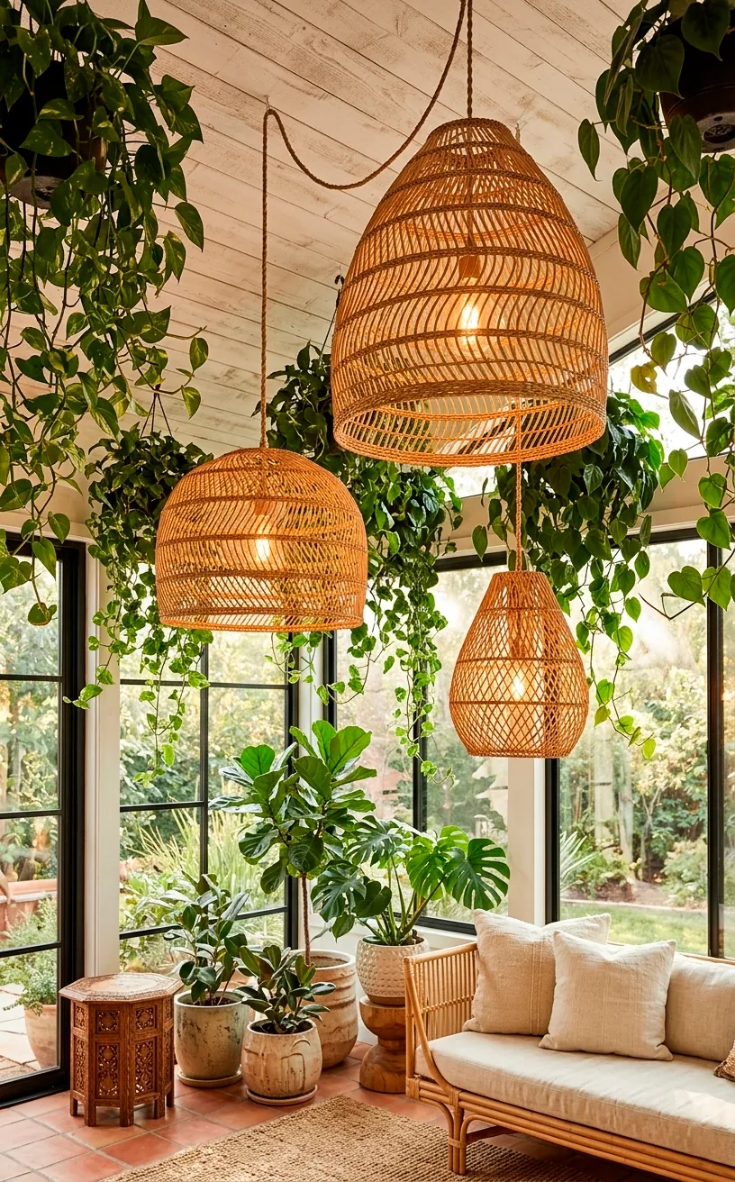 Large woven rattan basket pendant lights hanging from a white ceiling in a bright sunroom.