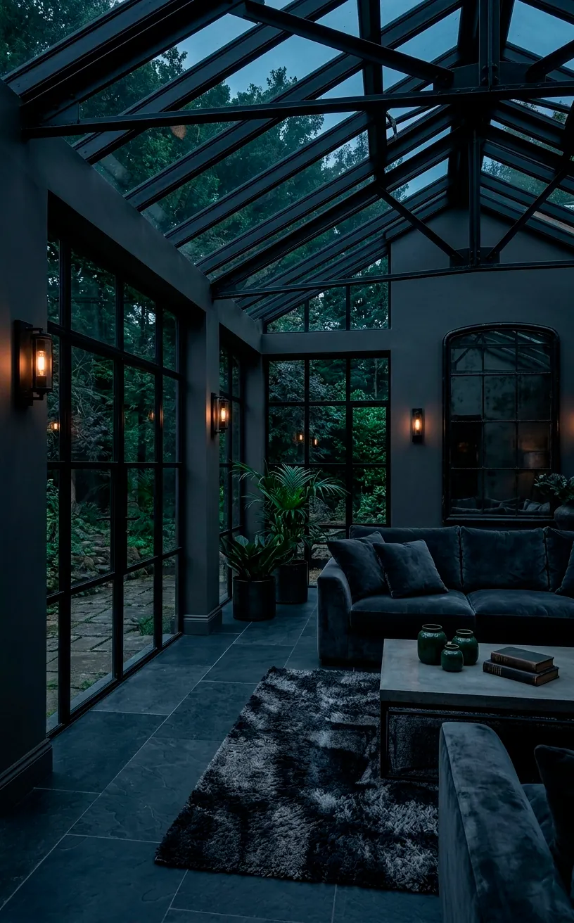 Moody sunroom with charcoal walls and a slate grey velvet sofa overlooking a green garden.