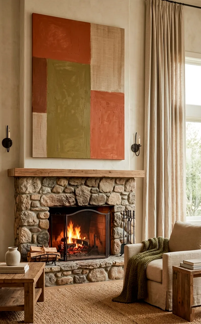 Oversized earth-toned color block painting above a rustic stone fireplace.