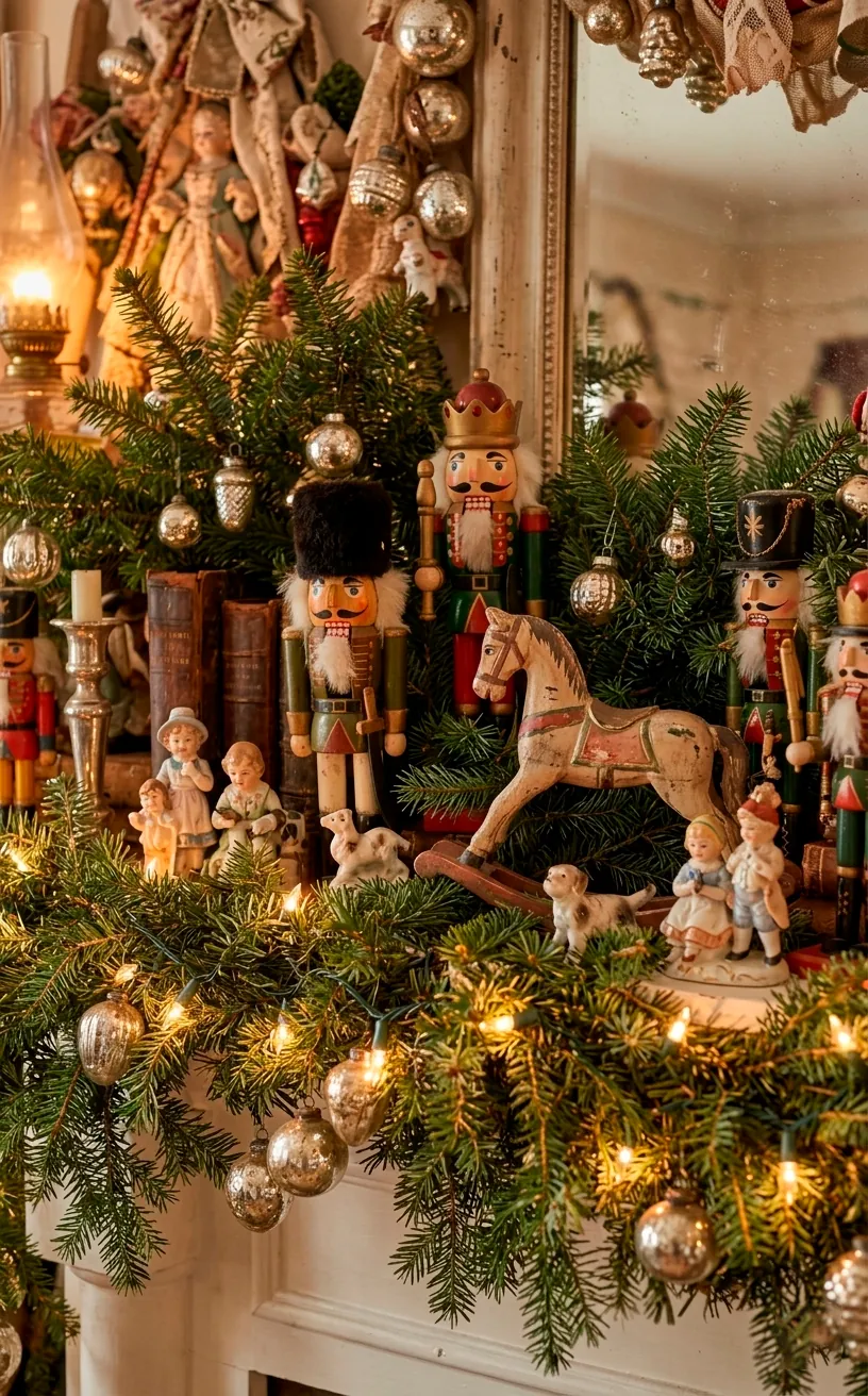 Vintage wooden nutcrackers and antique toys nestled in a holiday mantel garland.