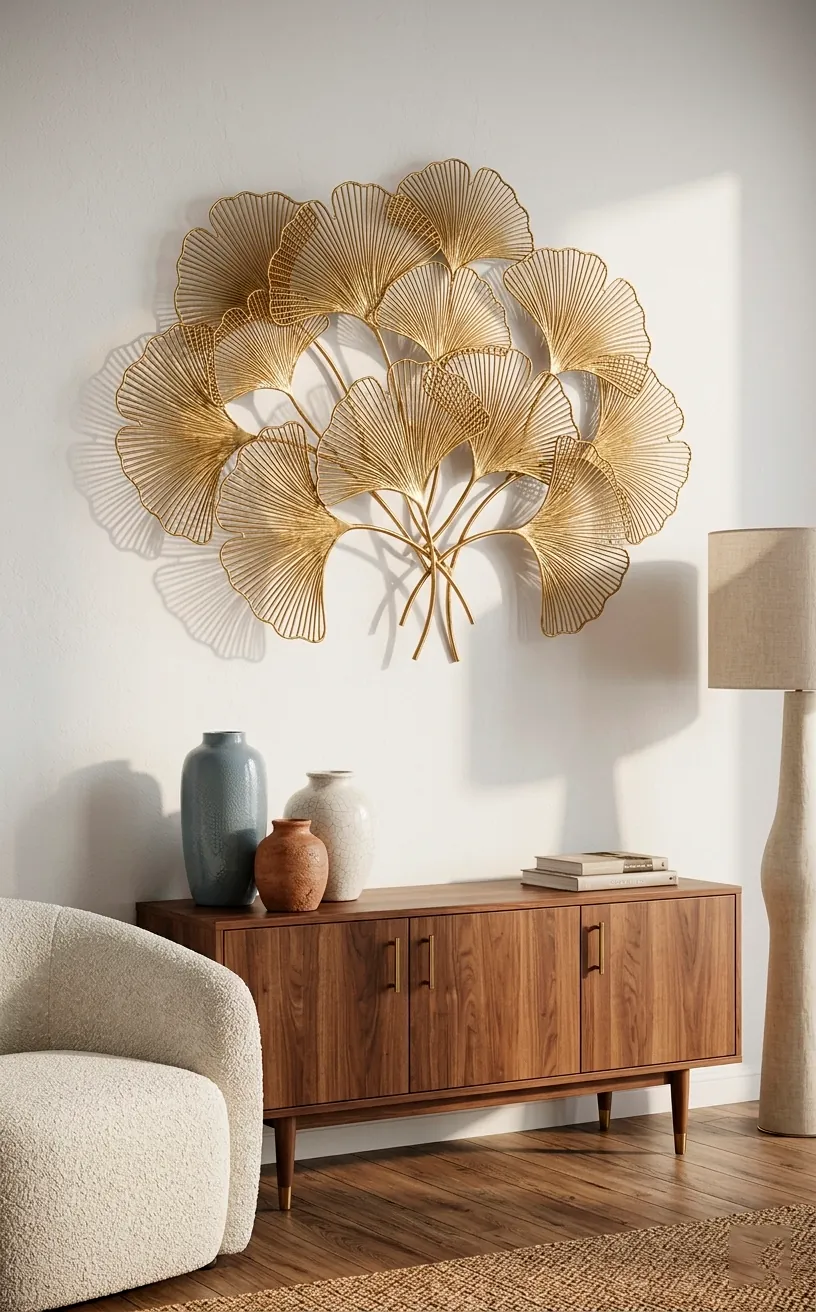 Intricate gold metal ginkgo leaf wall sculpture on a white wall above a sideboard.