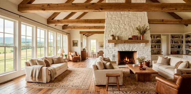 Luxurious sun-drenched farmhouse living room with stone fireplace and reclaimed wood beams.