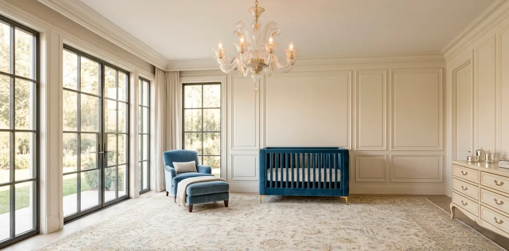 Luxury nursery featuring a large bespoke glass chandelier and designer furniture in a grand setting.