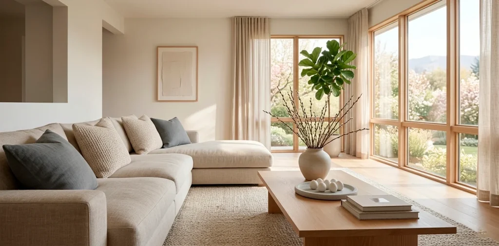 Wide Japandi living room with minimalist Easter decor, budding branches, and neutral tones in natural light.