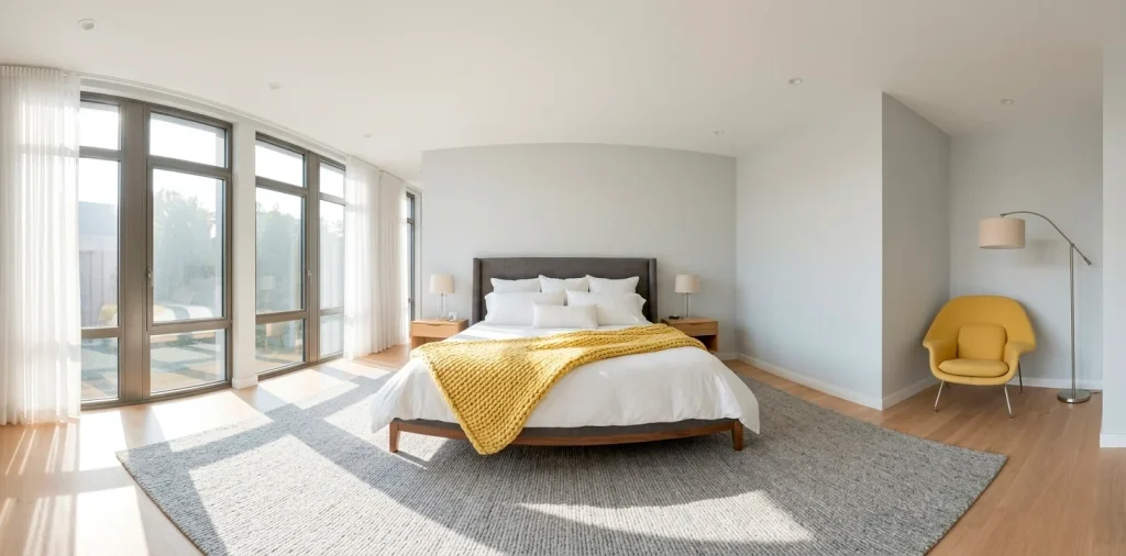 Wide shot of a modern sunny bedroom featuring a charcoal bed, yellow throw blanket, and grey decor accents.