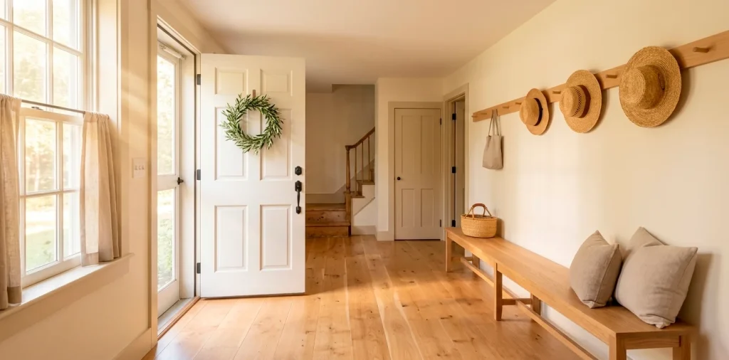 Bright and airy Shaker style entryway with a wooden bench, peg rails, and natural light.